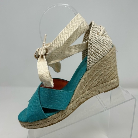 Pinaz Made in Spain Turquoise Blue & White Lace Up Espadrille Wedges Size 38 - Picture 3 of 15